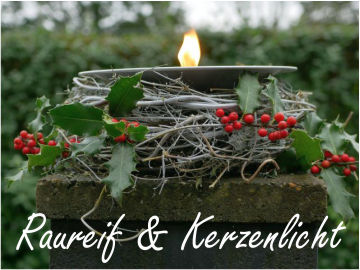 Wunderschöner weißer Hopfenkranz mit Aluvintageteller und Outdoorflammschale