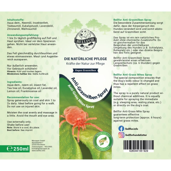 Bellfor Anti-Grasmilben Spray – natürliche Parasitenabwehr im praktischen Pumpspender. Ideal für Fell und Umgebung.