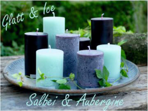 Weizenkornkerzen_Herbstrendfarben Salbei und Aubergine. Sehr schöne Komination von Glatter und rauer Oberflächenstruktur. Dekoriert auf einem Vintageteller für herbstliche und weihnachtliche Kerzendedorationen.